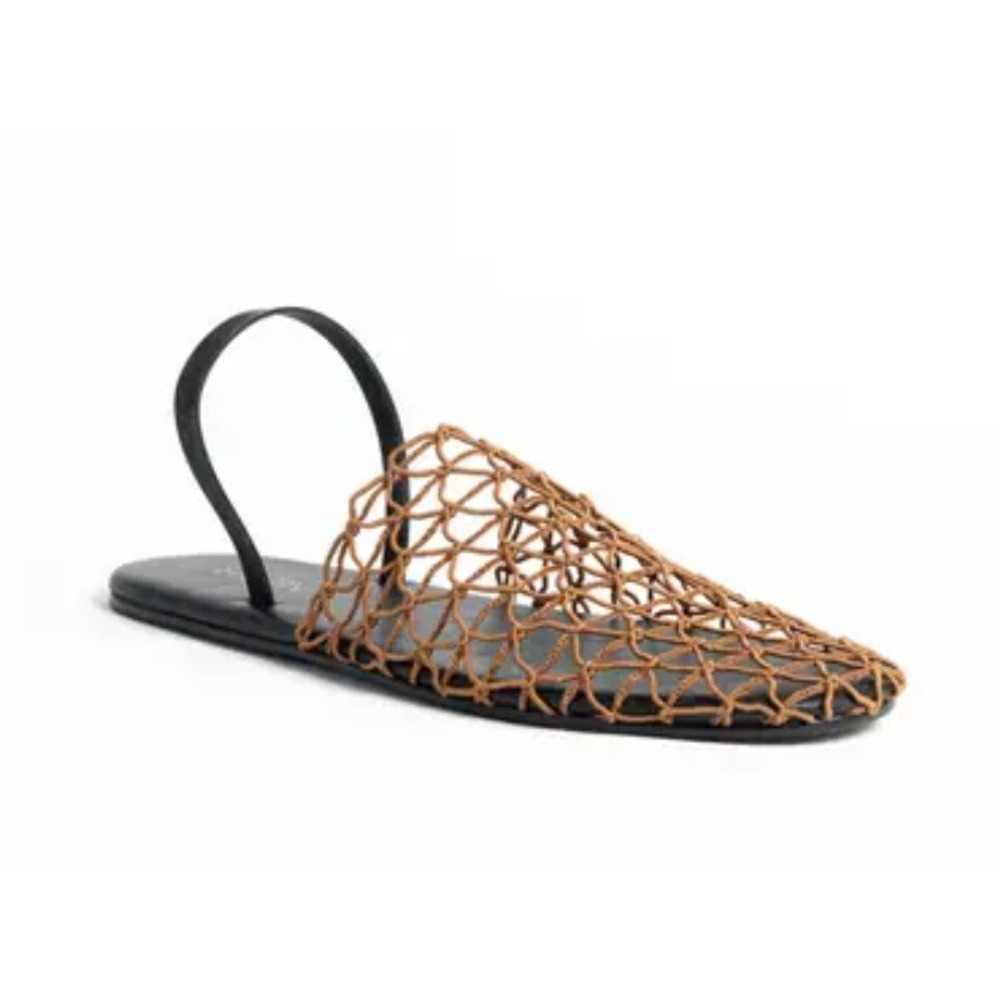 Cecelia New York Aria Woven Slingback Slide Women 8 Tan Black Mesh Flat Sandal